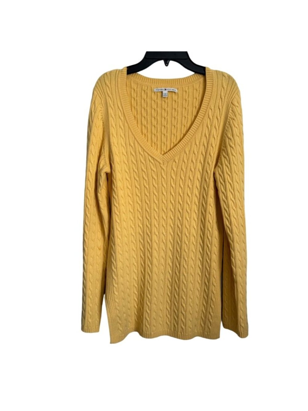 Tommy Hilfiger Yellow Cable Knit V-Neck Sweater Long Sleeve Sz M